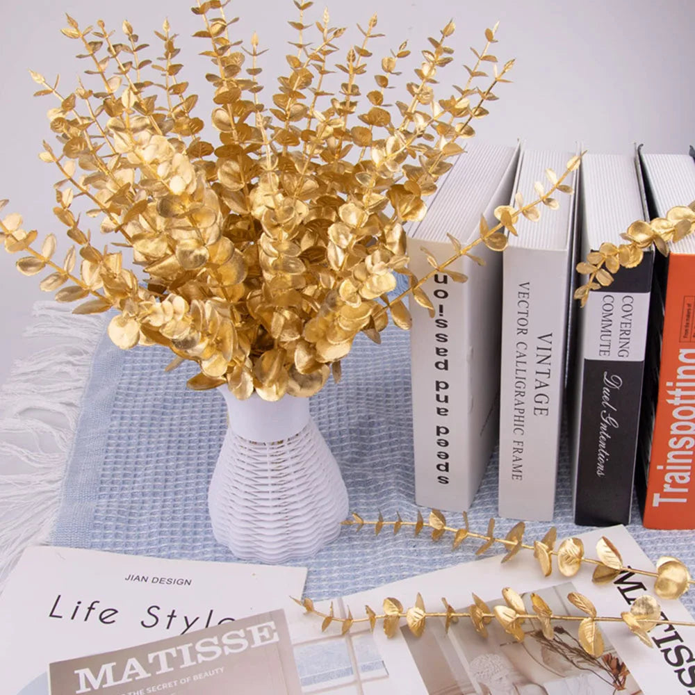 5pcs Artificial Gold Eucalyptus Branch