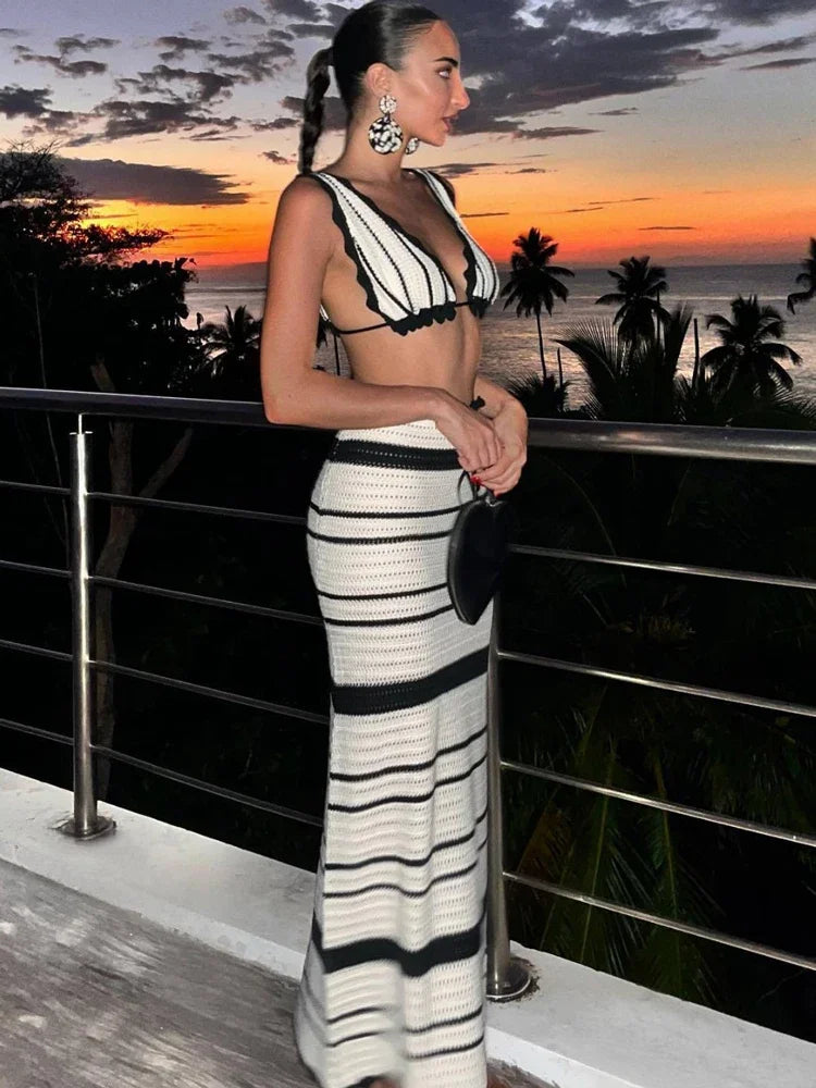 Tossy Knit Striped 2 Piece-Set Long Skirt Female Ruffled V-Neck