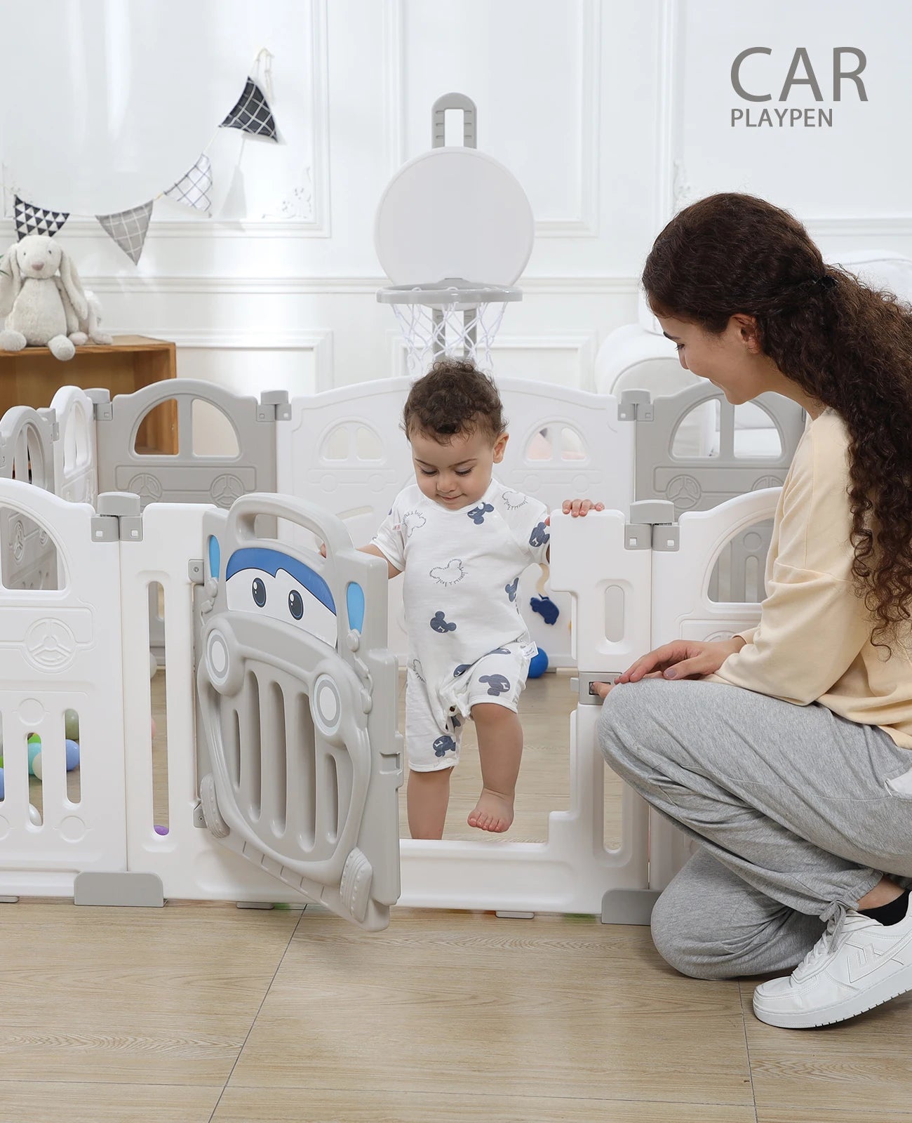 Foldable Baby Playpen with Basketball Hoop & 50Pcs Coloured Pit Balls