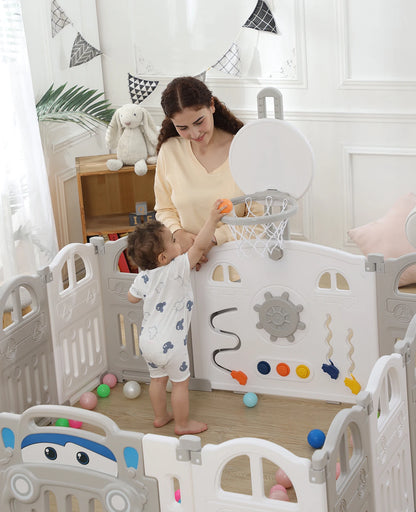 Foldable Baby Playpen with Basketball Hoop & 50Pcs Coloured Pit Balls