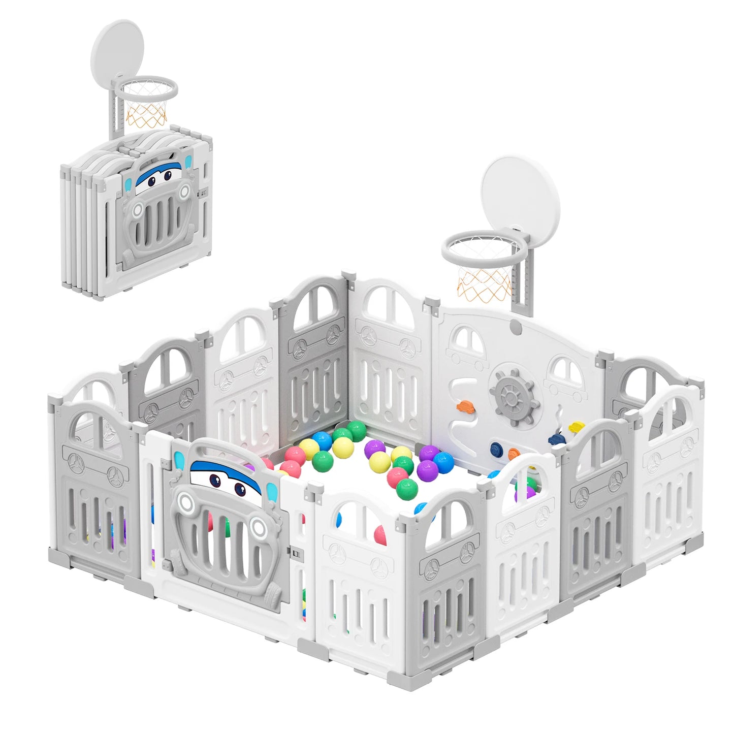 Foldable Baby Playpen with Basketball Hoop & 50Pcs Coloured Pit Balls