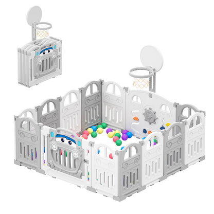 Foldable Baby Playpen with Basketball Hoop & 50Pcs Coloured Pit Balls