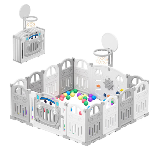 Foldable Baby Playpen with Basketball Hoop & 50Pcs Coloured Pit Balls
