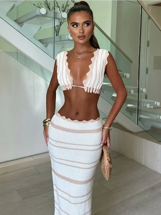 Tossy Knit Striped 2 Piece-Set Long Skirt Female Ruffled V-Neck