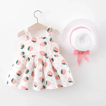Summer Baby Girl Strawberry Print Big Bow Dress Comes with Same Hat as a Gift