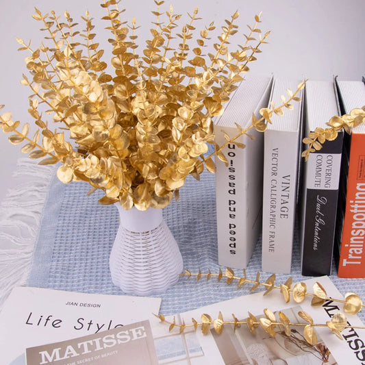 5pcs Artificial Gold Eucalyptus Branch