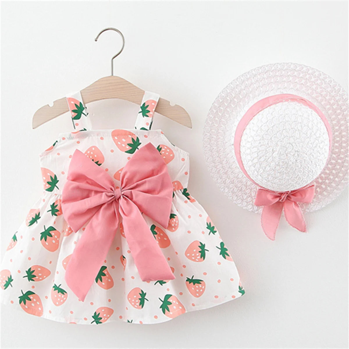 Summer Baby Girl Strawberry Print Big Bow Dress Comes with Same Hat as a Gift