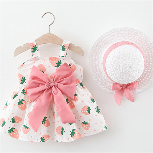 Summer Baby Girl Strawberry Print Big Bow Dress Comes with Same Hat as a Gift