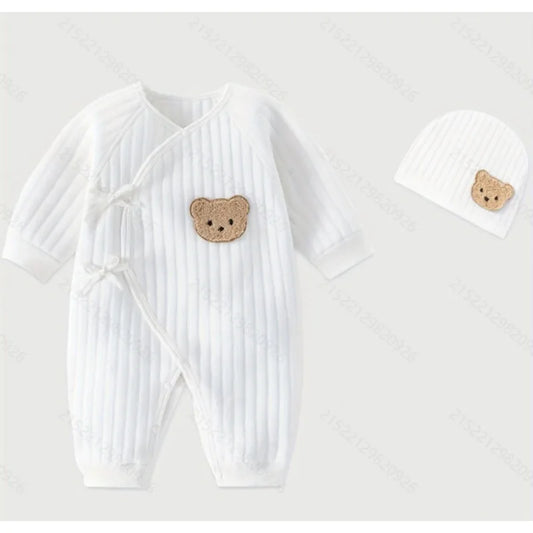 All Seasons Soft Cartoon Bear Bodysuit with Hat