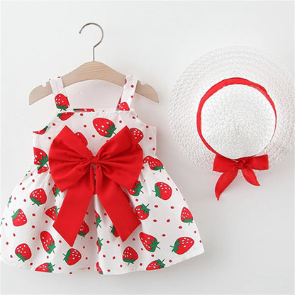 Summer Baby Girl Strawberry Print Big Bow Dress Comes with Same Hat as a Gift