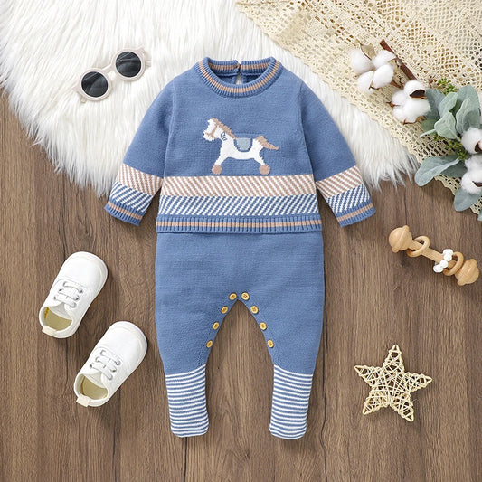 Blue Long Sleeve Knit Boys Jumpsuit