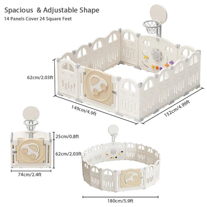 Foldable Baby Playpen with Basketball Hoop & 50Pcs Coloured Pit Balls