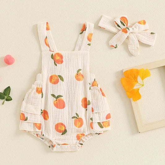 Baby Girls Peach Print Jumpsuit with Bow Headband